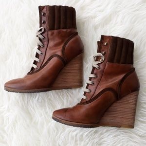 Chloe Brown Leather Wedge Boots Booties Size 36